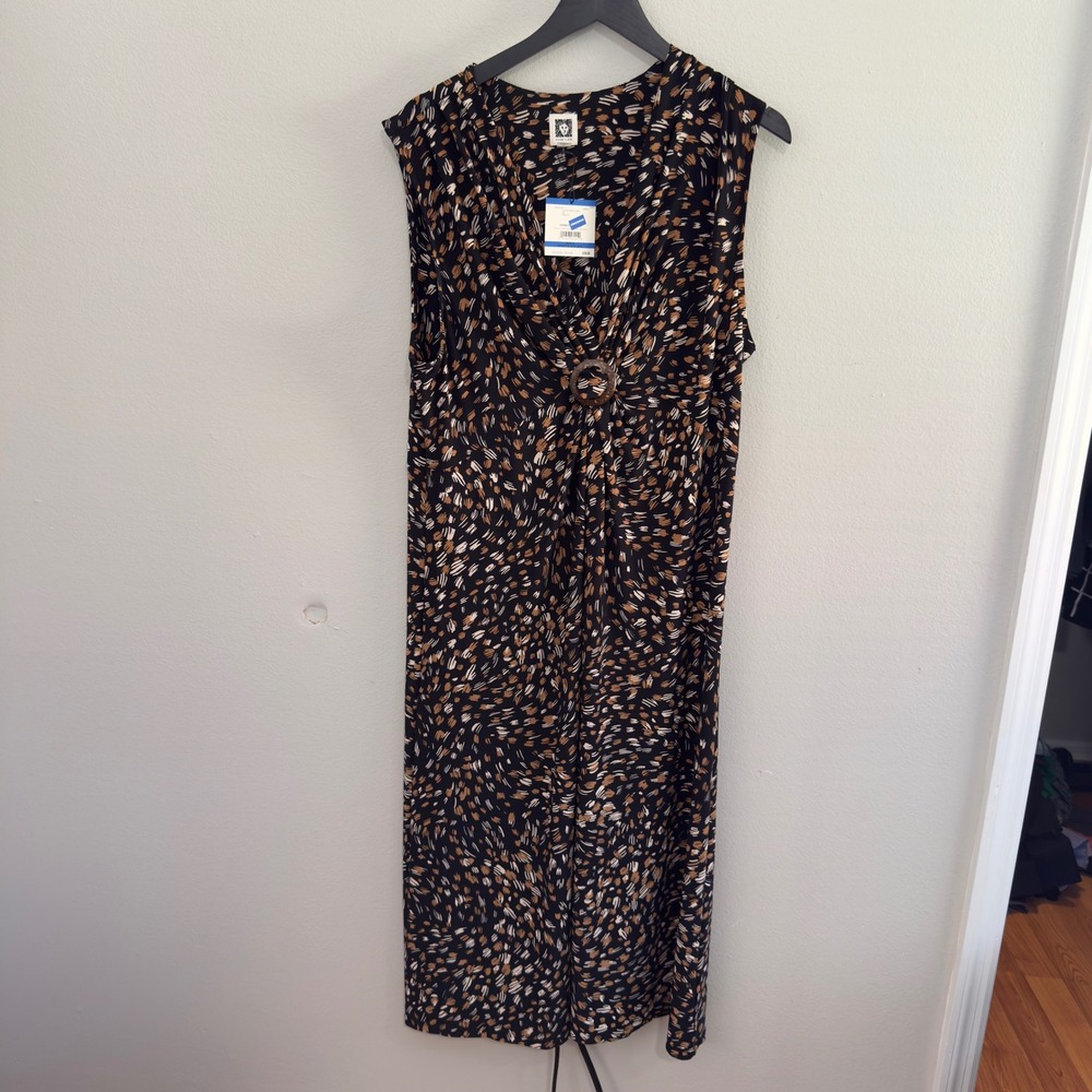NWT Anne Klein Abstract Ring Detail Sleeveless Midi Dress Black Walnut Size XL